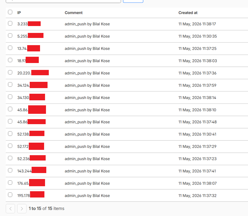 Cloudflare Dashboard → Lists → bilalkose_auto_block: 15 IP entries (last 2 octets masked)
