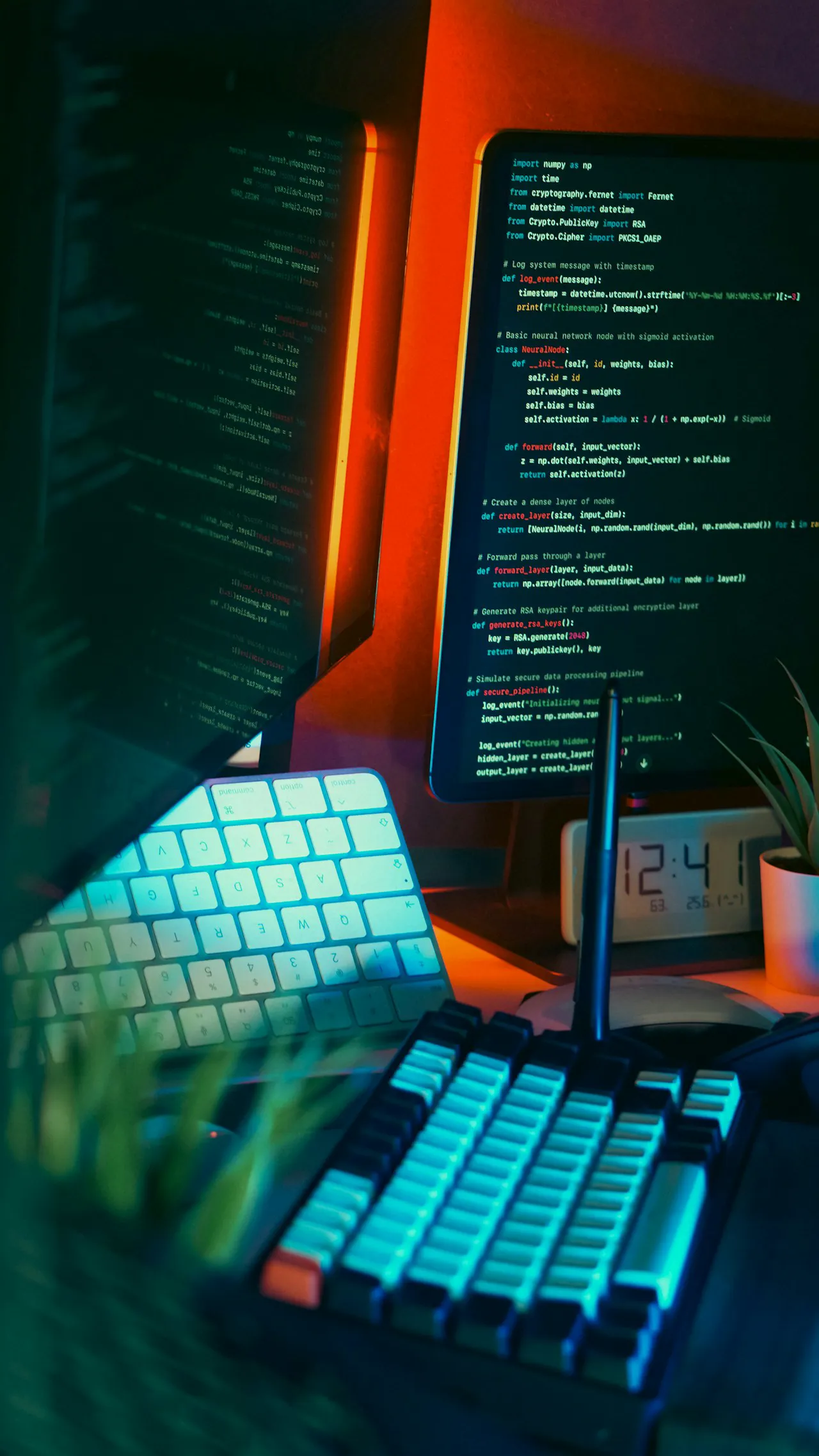 Geliştiricinin çoklu monitör çalışma masası, kodlama setup'ı