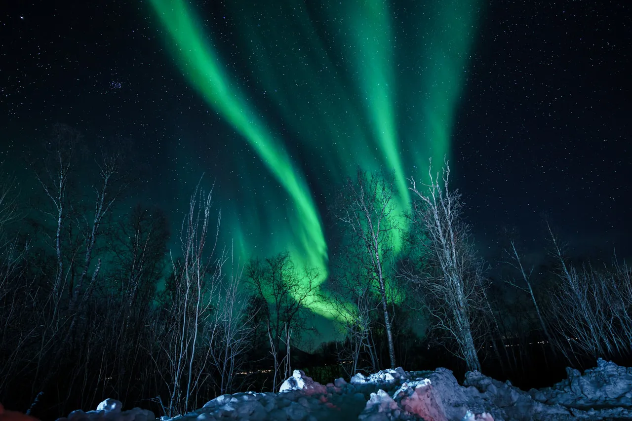 Yeşil aurora gece göğü uzun pozlama — astronomi fotoğrafçılığı