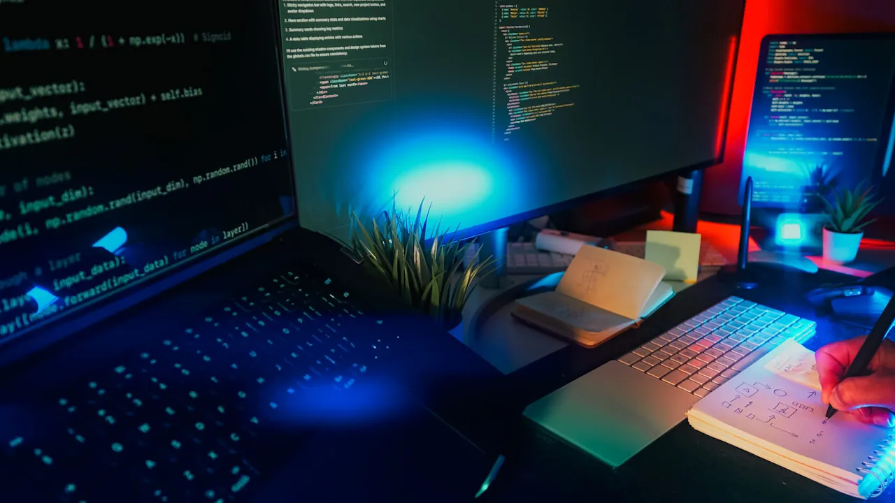 Neon ışıklı kod ekranı, terminal görünümü