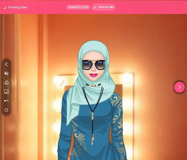 Elegance persona, curated modest wardrobe via the Headscarf tab in the Outfit Studio